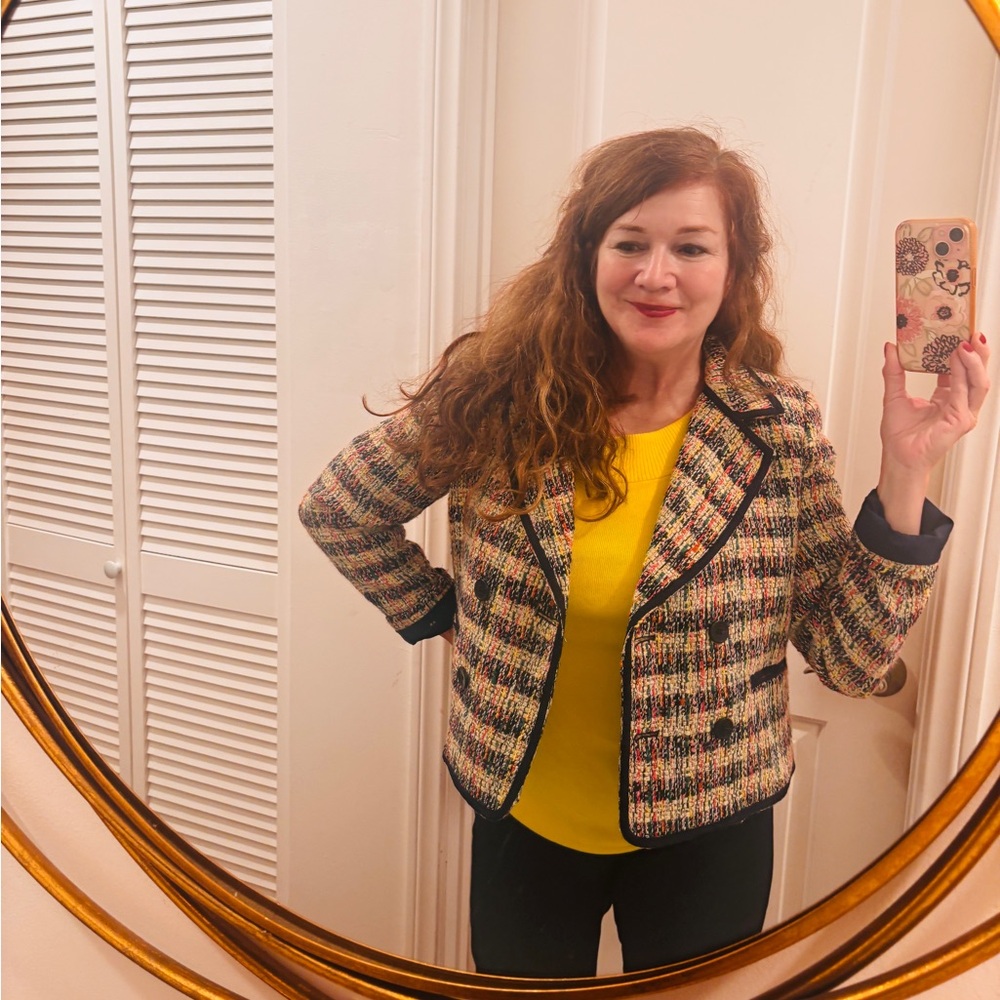 Talbots Cafe Tweed Cropped Blazer with Navy Piping #career preppy old money - Picture 2 of 2